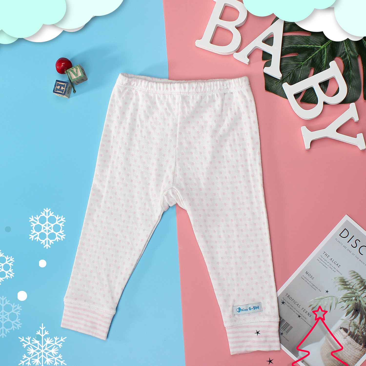 Bộ quần áo dài tay cài vai Kiza kẻ trắng hồng  hình 4