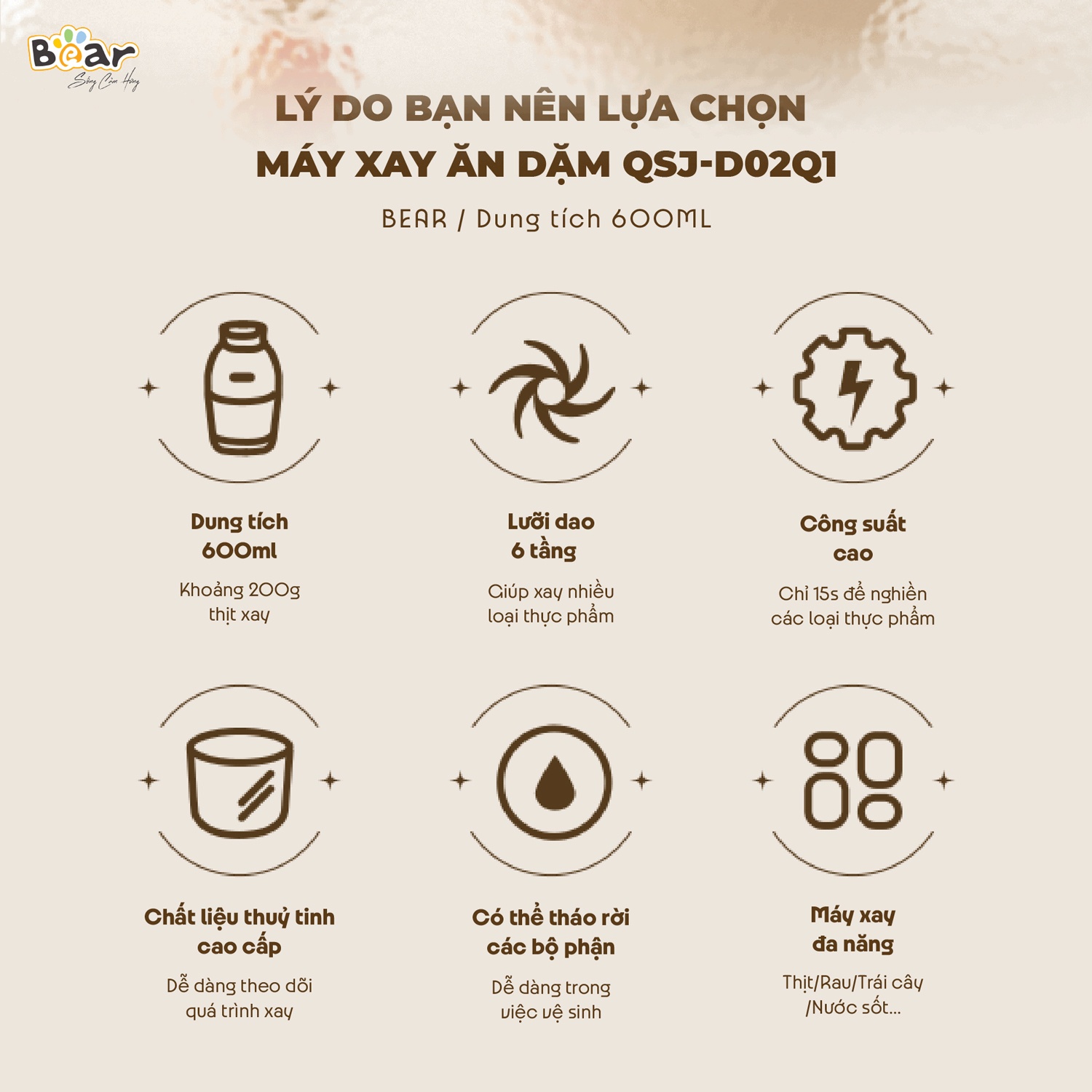 Máy xay ăn dặm Bear 0.6L QSJ-D02Q1 200W hình 4