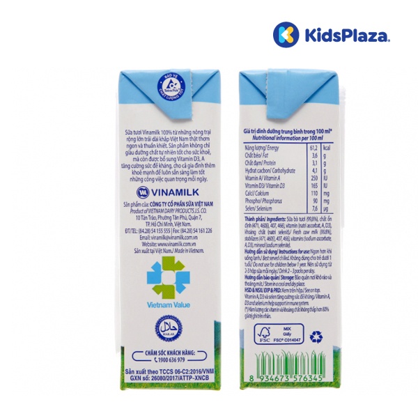 Sữa tươi tiệt trùng không đường Vinamilk 4*180ml  hình 2