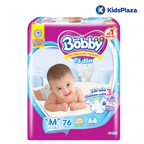 Bỉm – Tã dán Bobby size M 76 miếng (cho bé 6 – 11kg) – Kids Plaza