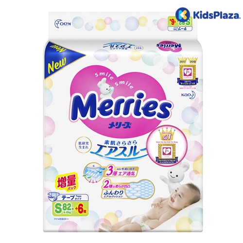 Bỉm - Tã dán Merries size S 82 cộng 6 miếng (cho bé 4 - 8kg) hình 1