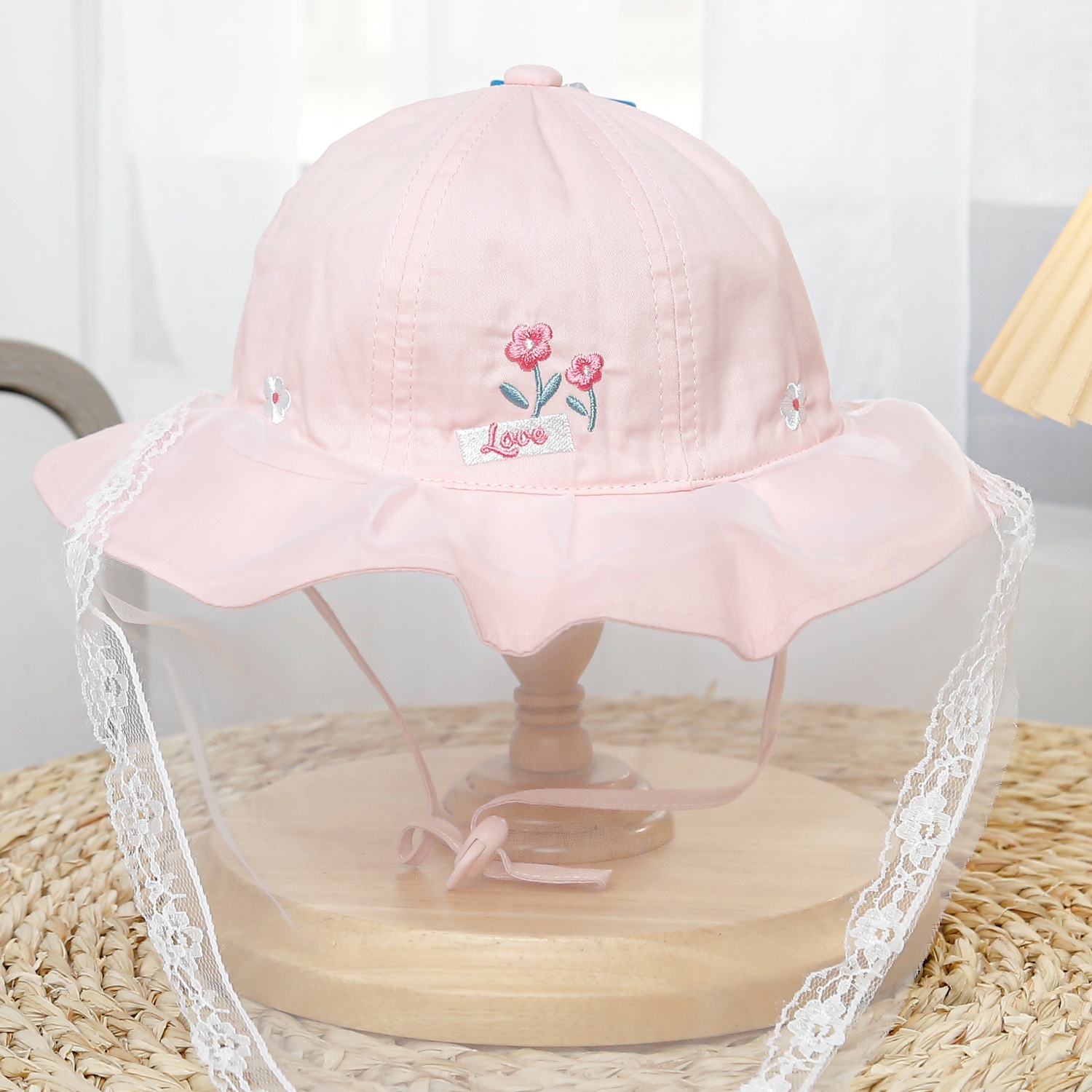 Mũ vành bé gái phủ voan Kidsplaza thêu hoa DN25 (Màu hồng nhạt) hình 1
