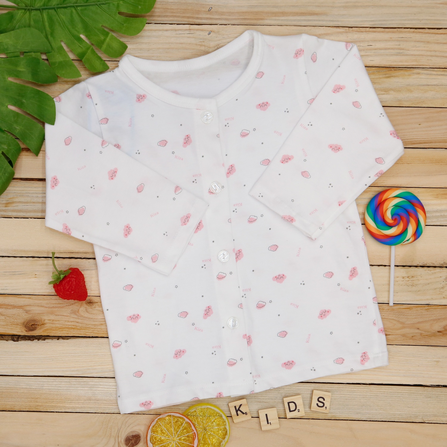 Áo dài tay sơ sinh KIZA in hình đám mây (Trắng Hồng) hình 1