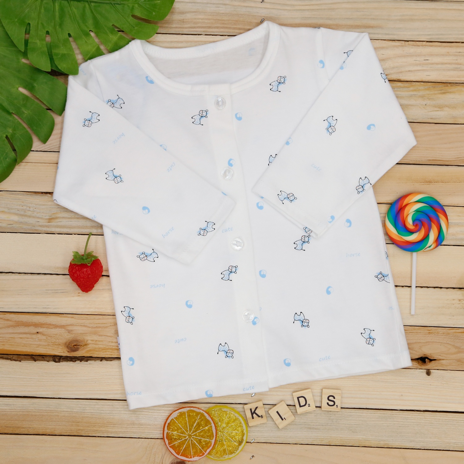 Áo dài tay sơ sinh KIZA in hình ngựa  (Trắng Xanh) hình 1