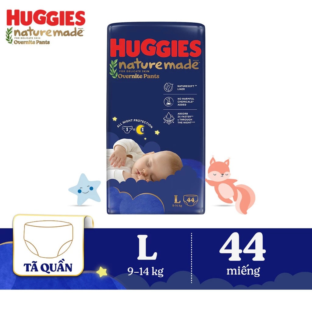 Bỉm/ tã quần Huggies Naturemade ban đêm size L44 (cho bé từ 9-14kg) - EC
