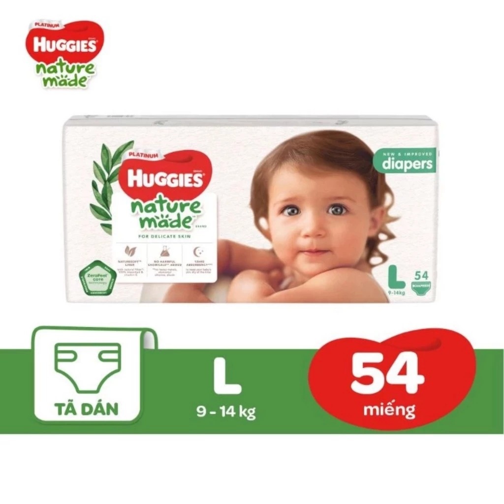 Bỉm/ tã dán Huggies Naturemade size L54 (cho bé từ 9 - 14 kg) - EC