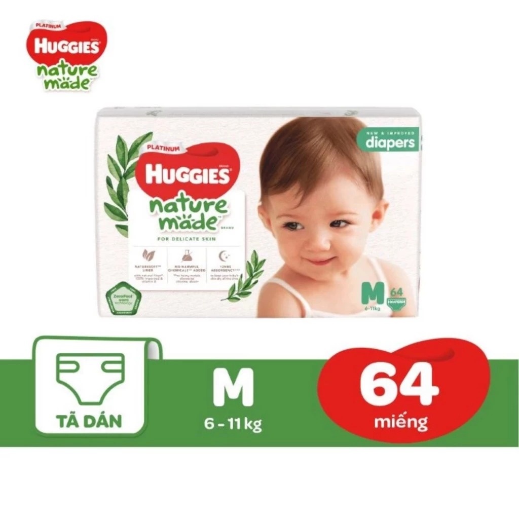 Bỉm/ tã dán Huggies Naturemade size M64 (cho bé từ 6 - 11 kg) - EC