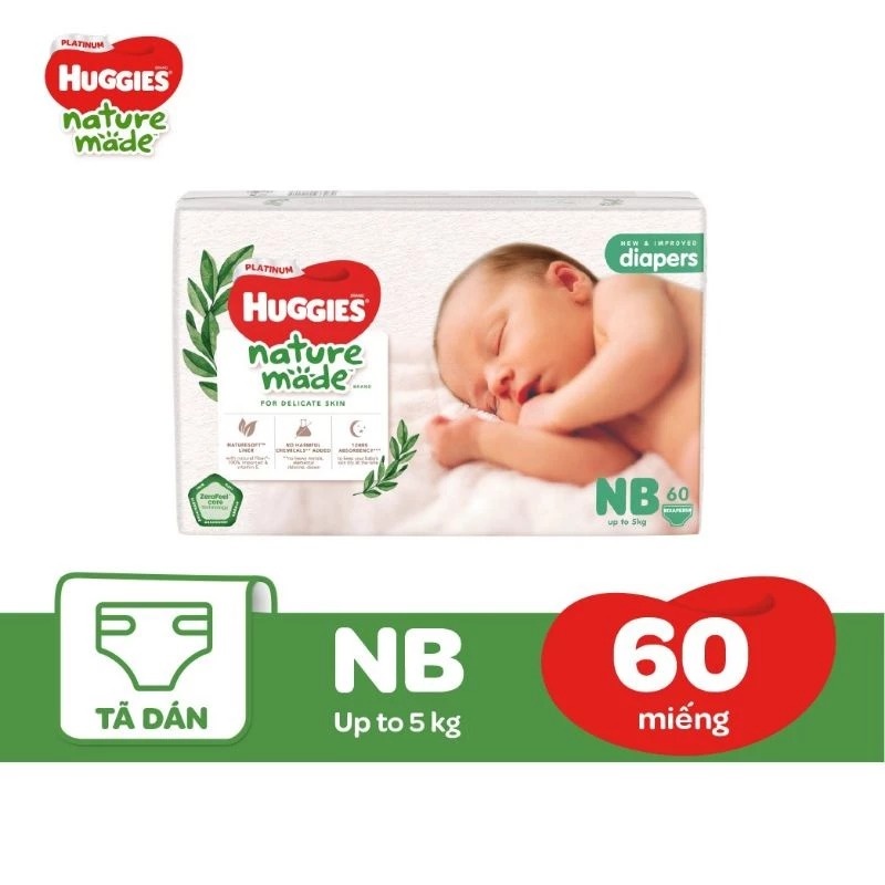 Bỉm/ tã dán Huggies Naturemade size NB60 (cho bé dưới 5kg) - EC
