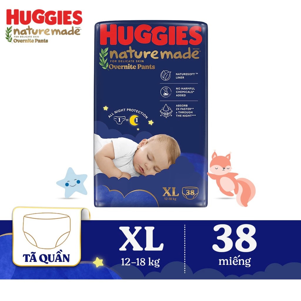 Bỉm/ tã quần Huggies Naturemade ban đêm size XL38 (cho bé từ 12-17kg) - EC