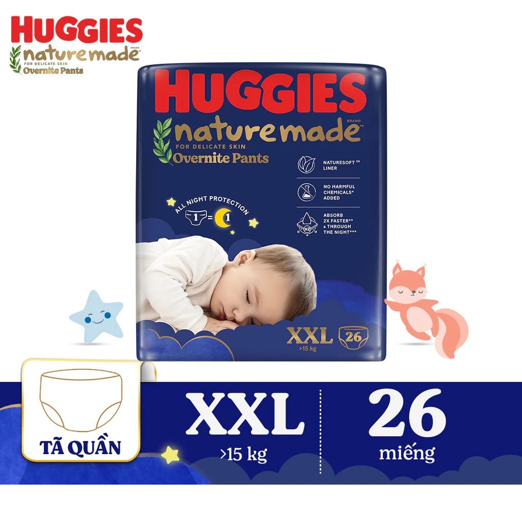 Bỉm/ tã quần Huggies Naturemade ban đêm size XXL26 (cho bé trên 15kg) - EC