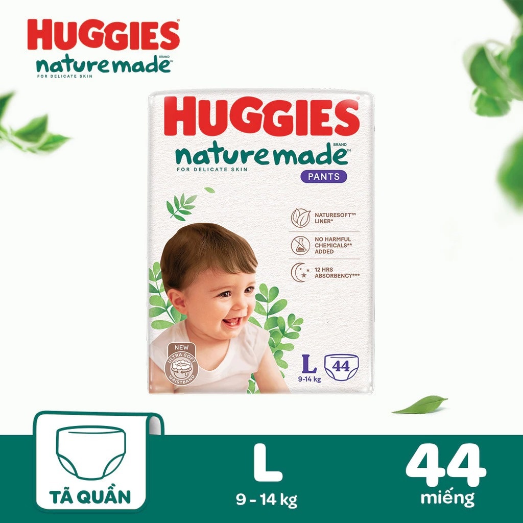 Bỉm/ tã quần Huggies Naturemade size L44 (cho bé từ 9-14kg) - EC