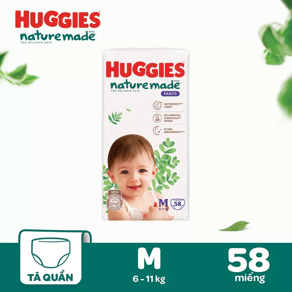 Bỉm/ tã quần Huggies Naturemade size M58 (cho bé từ 6-11kg) - EC