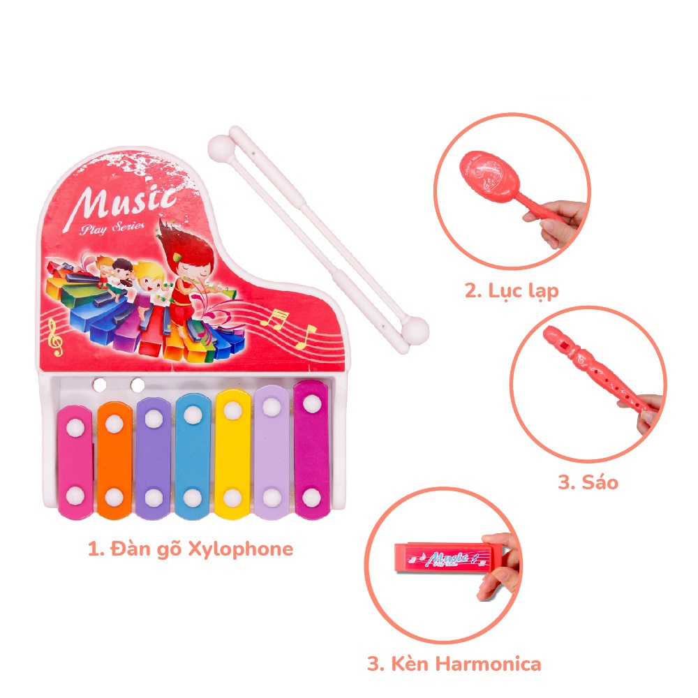 Sét đàn gỗ Xylophone kèm sáo và lục lạc 682-9 hình 1