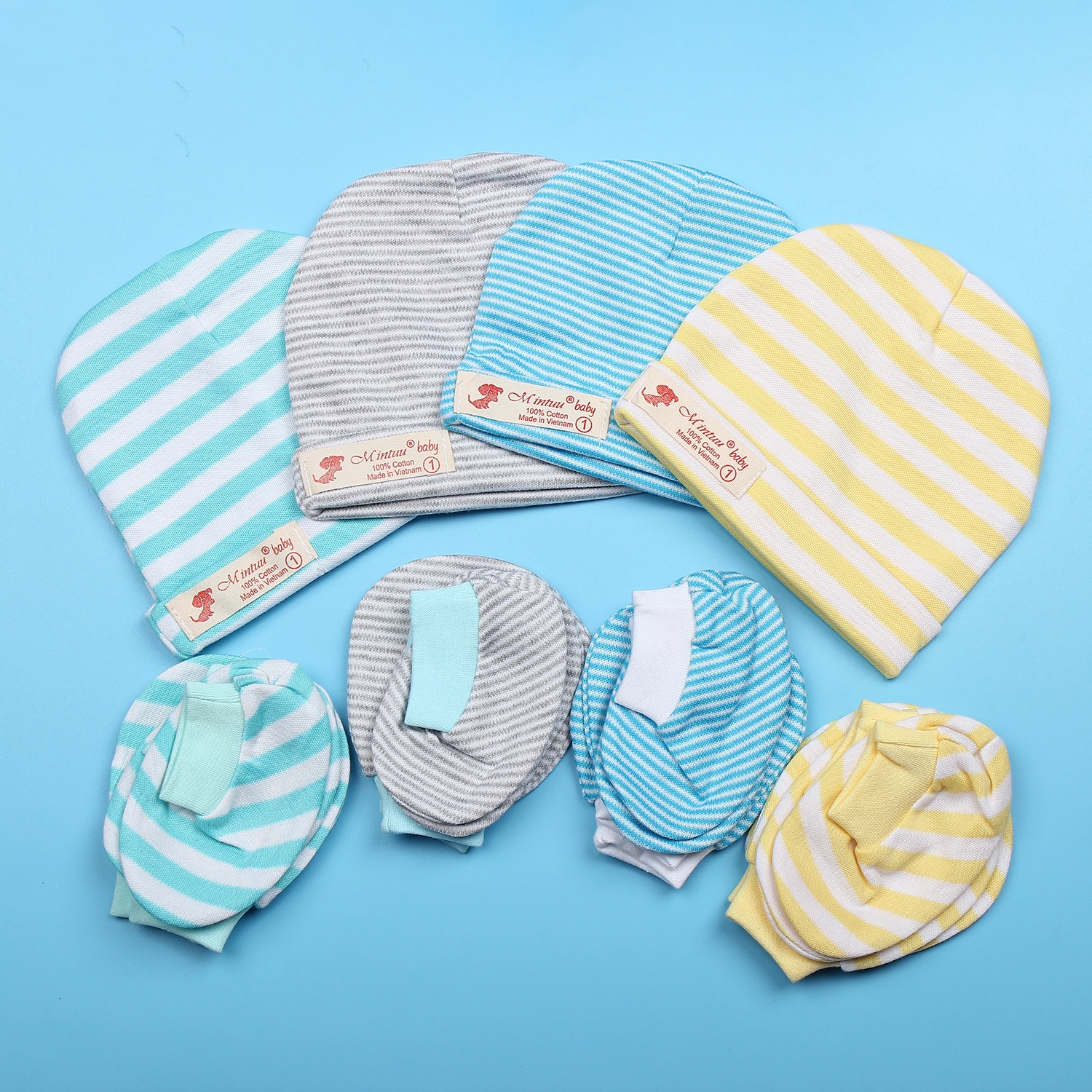 Bộ bao tay chân sọc màu + mũ hai lớp MT19 hình 1