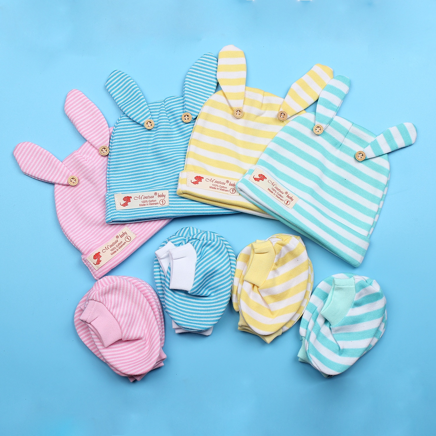 Bộ bao tay chân sọc màu + mũ hình tai thỏ MT19 hình 1