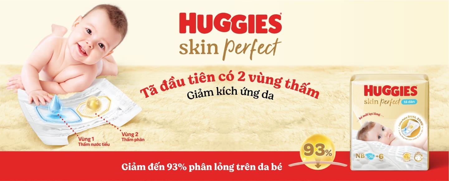 Huggies Skin Perfect là dòng tã 2 vùng thấm riêng biệt, giúp phân và nước tiểu không trộn lẫn với nhau