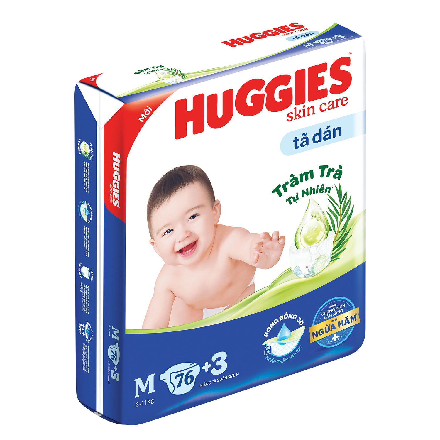 Tã dán Huggies size M 76 miếng cho bé 6-11kg chiết xuất tràm trà