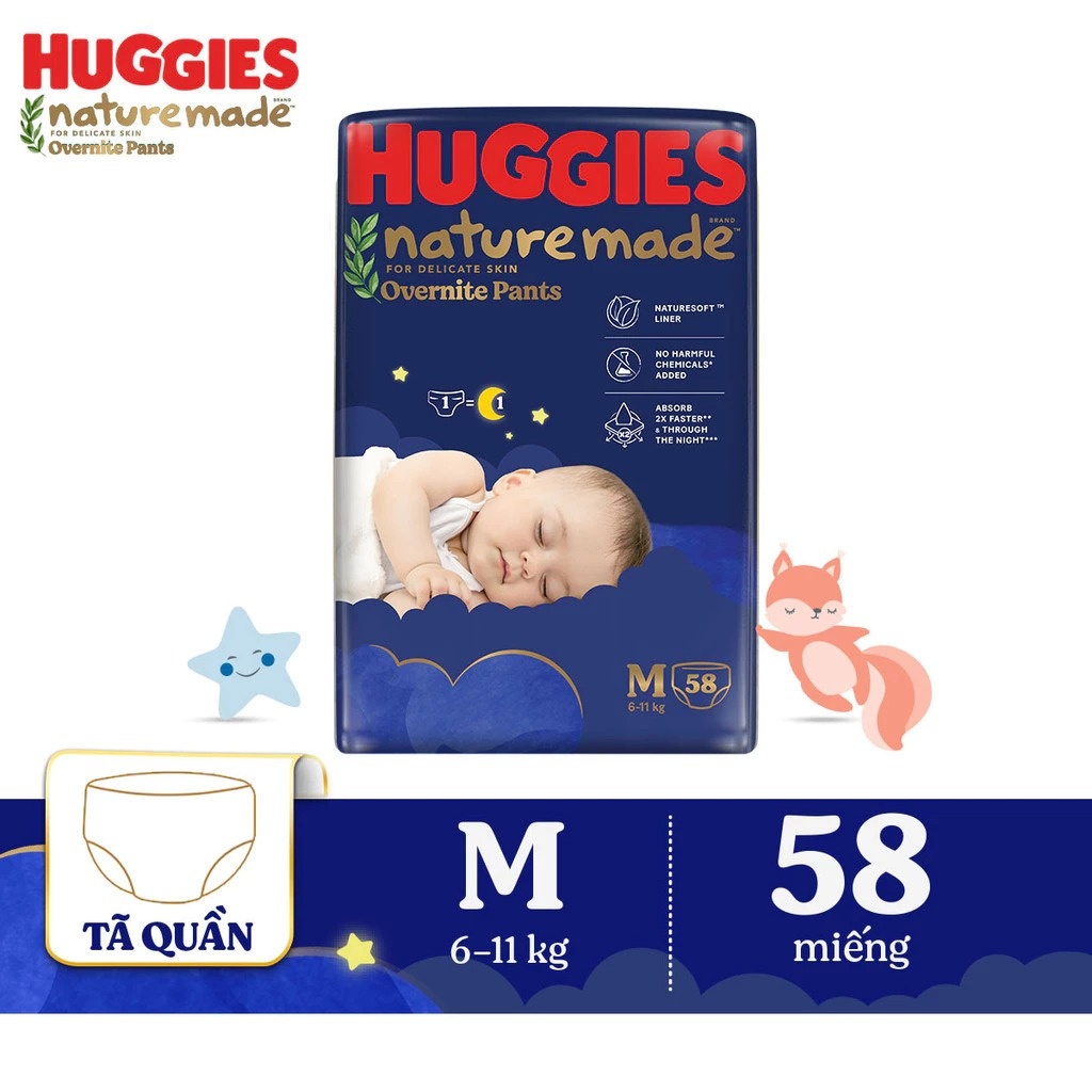 Bỉm/ tã quần Huggies Naturemade ban đêm size M58 (cho bé từ 6-11kg) - EC 1