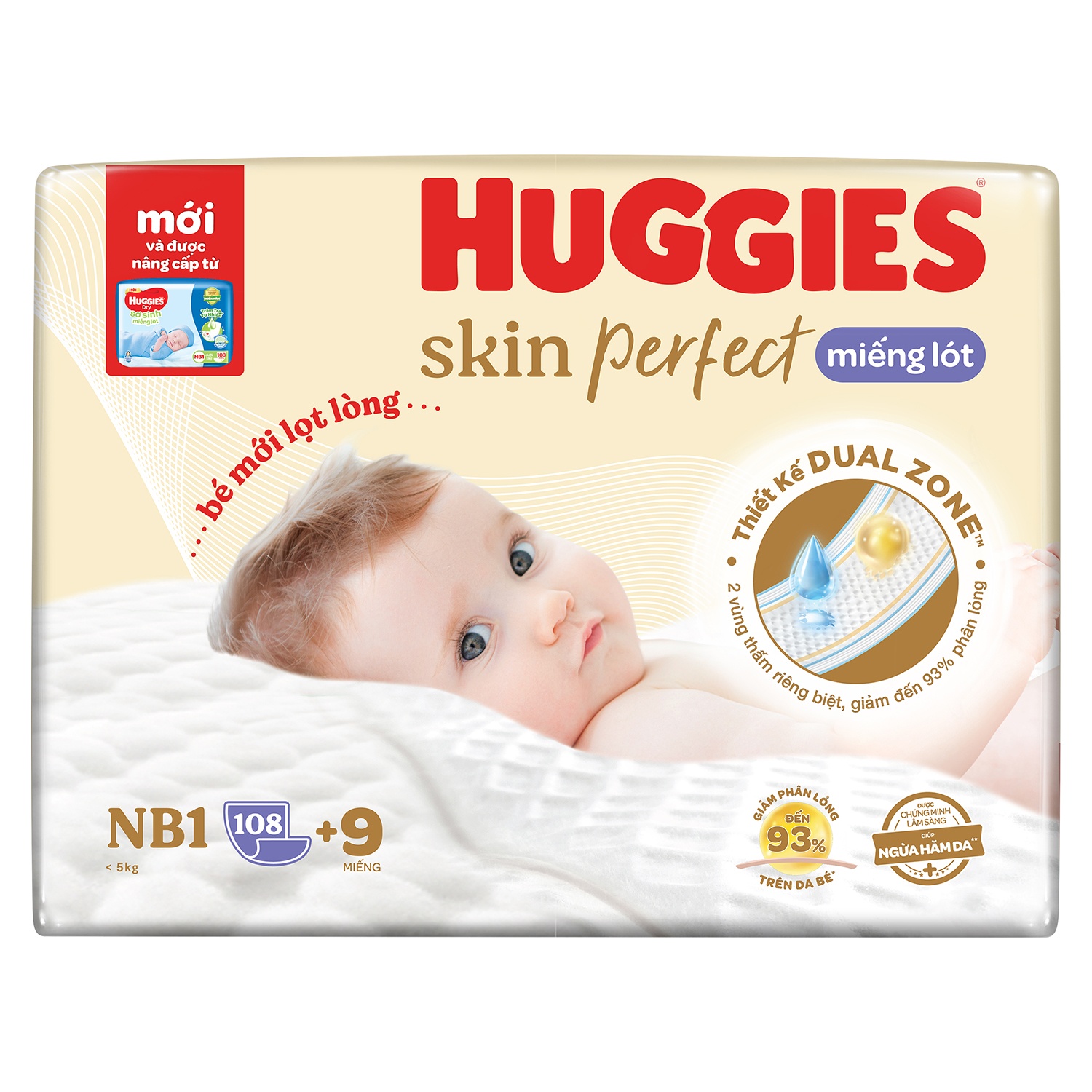 Miếng lót sơ sinh Huggies Newborn 1 108 miếng (cho bé dưới 5 kg) bao bì mới
