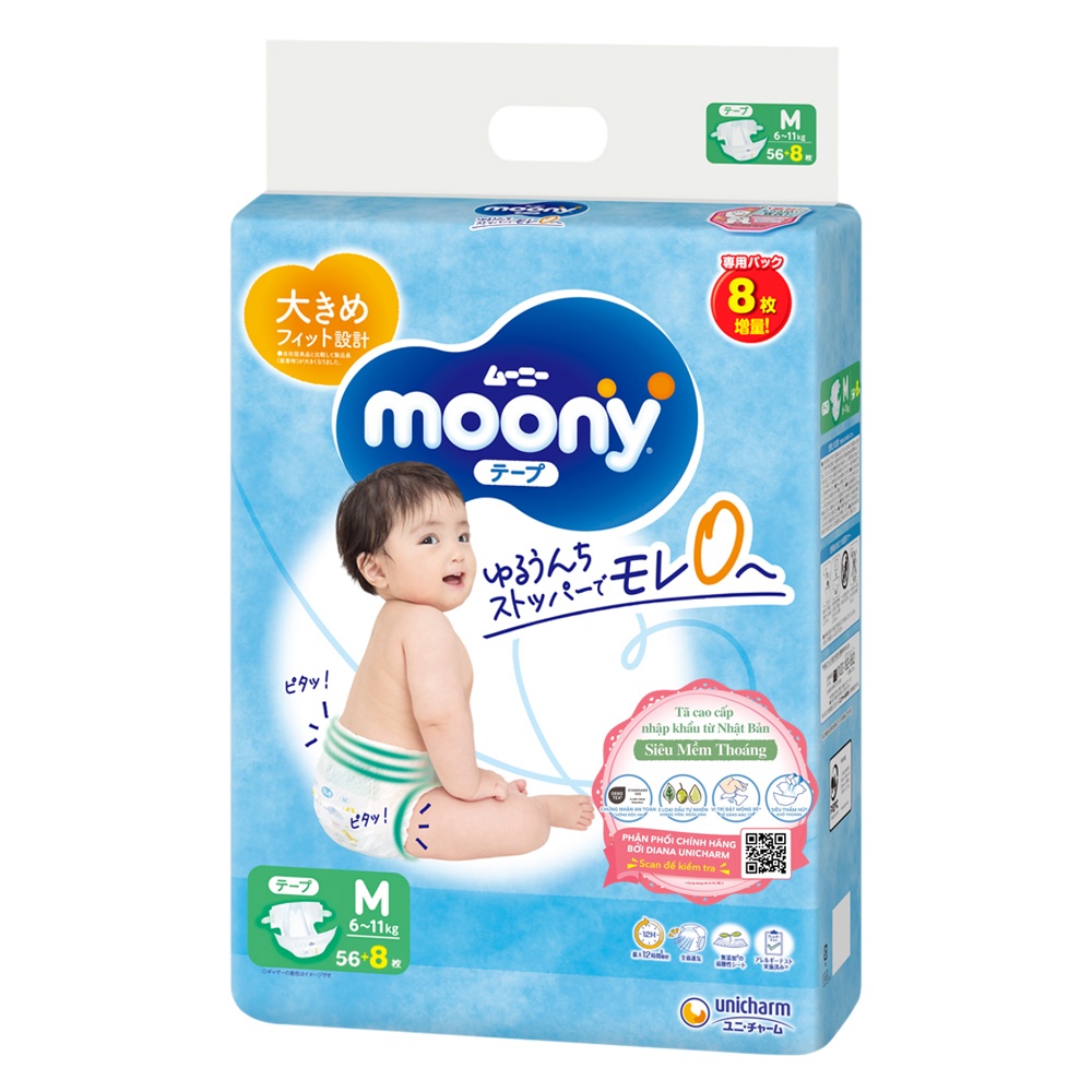 Bỉm - Tã dán Moony cộng miếng size M 56 + 8 (6 - 11kg)