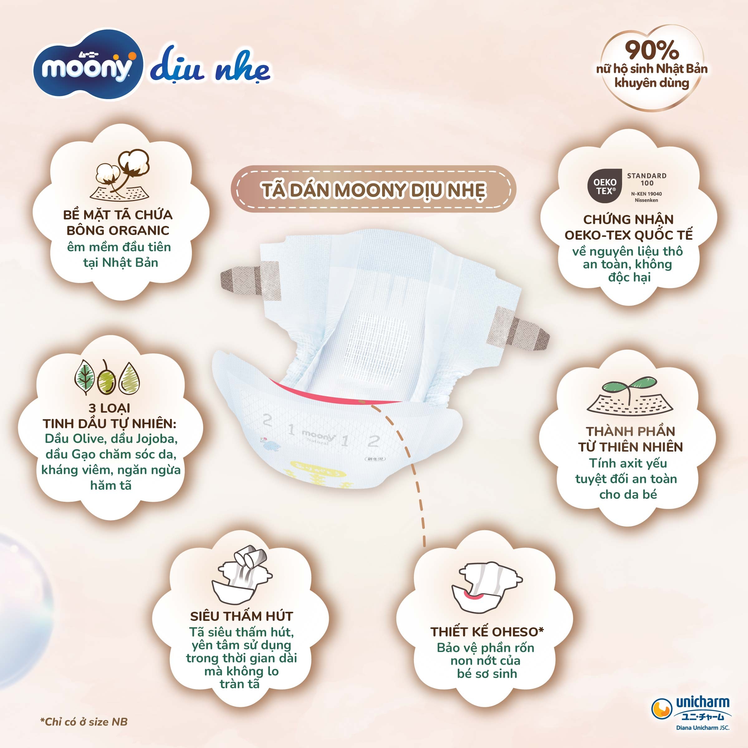 Đặc điểm Bỉm - Tã dán Moony Natural size L 38 miếng (Cho bé 9 - 14kg)