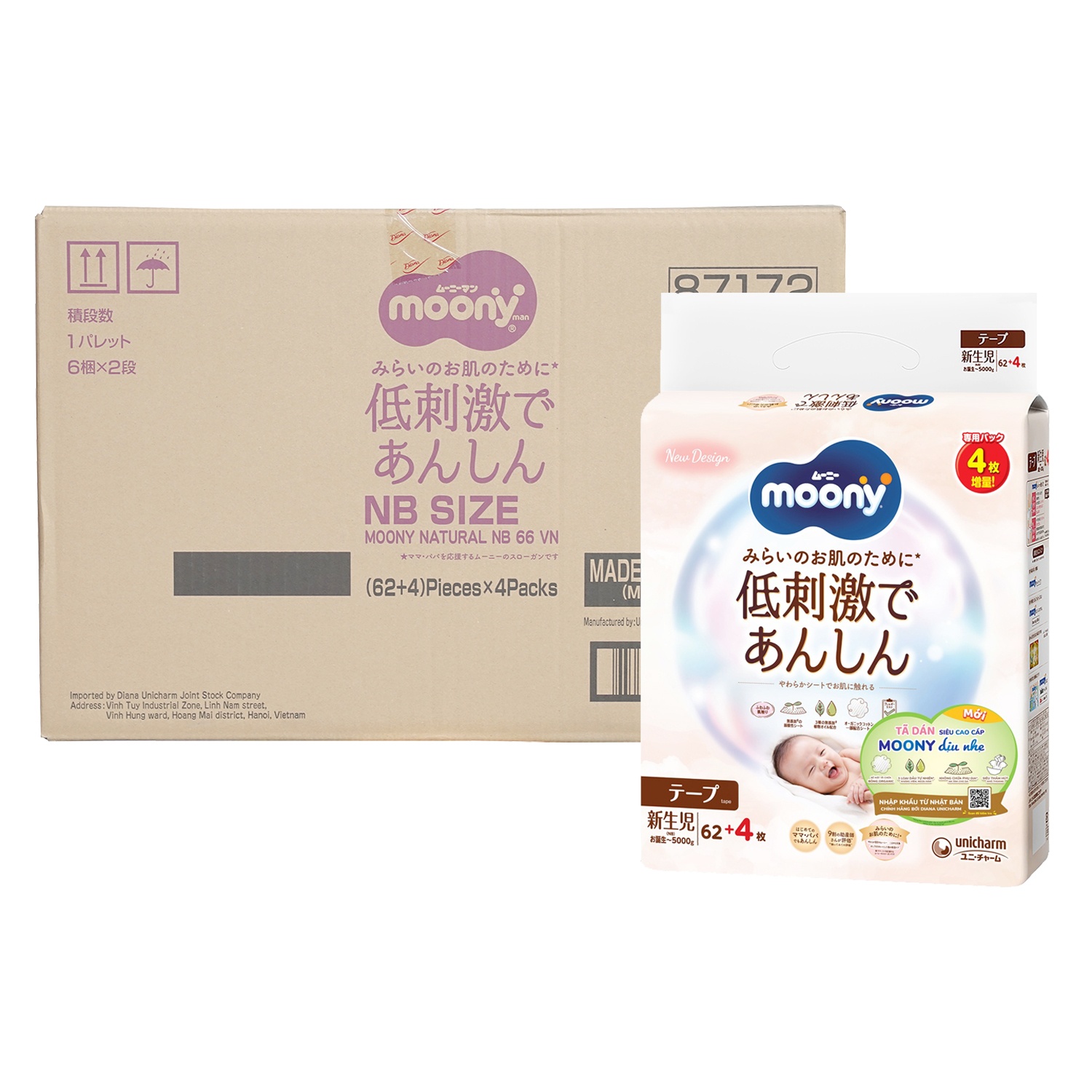 [THÙNG] Bỉm - Tã dán Moony Natural size Newborn 62 miếng - 4 bịch hình 1