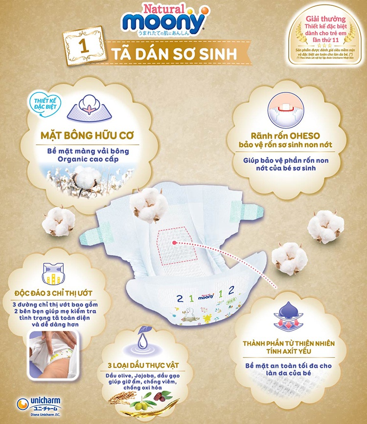 Đặc điểm bỉm - Tã dán Moony Natural size Newborn 63 miếng (Cho bé ~ 5kg)