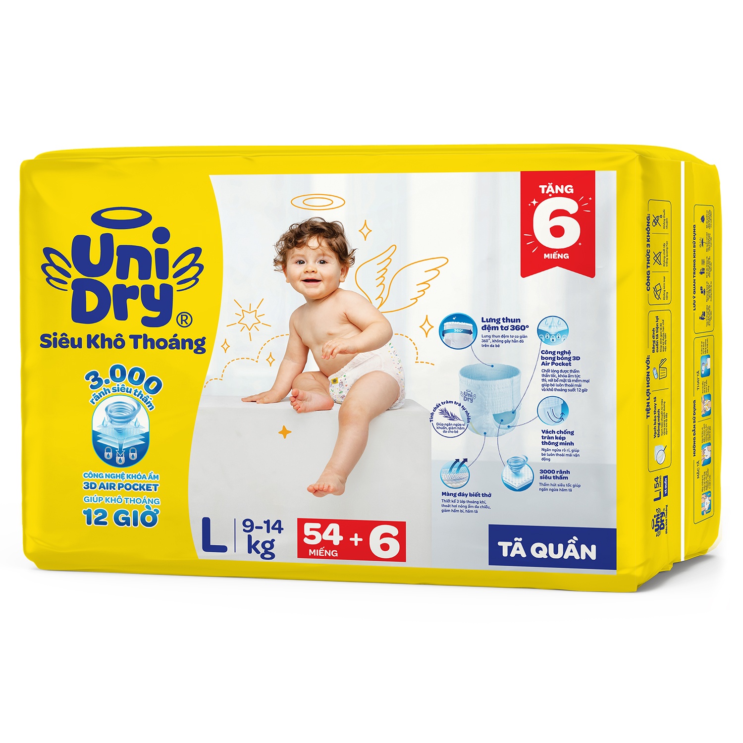 Đặc điểm nổi bật tã quần Unidry size L (54 miếng, cho bé 9-14kg)