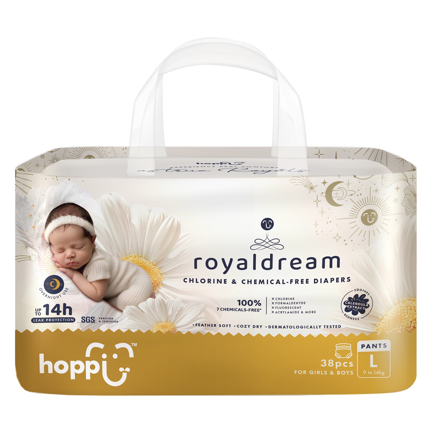 Bỉm - Tã quần Hoppi RoyalDream cao cấp Size L 38 miếng (cho bé 9-14kg)