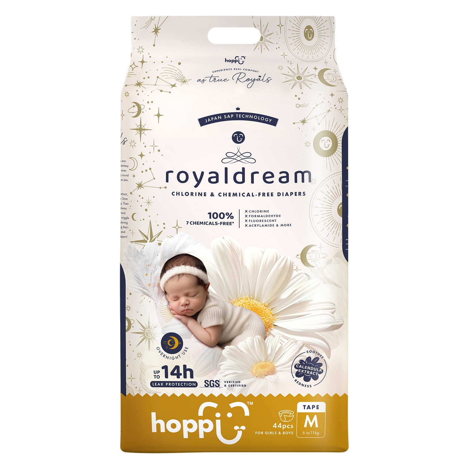 Bỉm - Tã dán Hoppi RoyalDream cao cấp size M 44 miếng (cho bé từ 6-11kg) hình 1