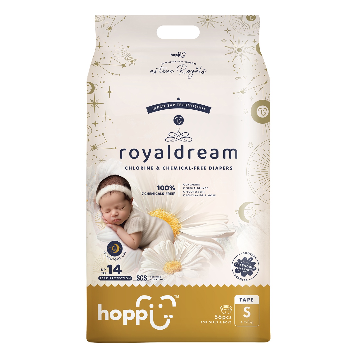 Bỉm - Tã dán Hoppi RoyalDream cao cấp size S 56 miếng (cho bé 4-8kg)