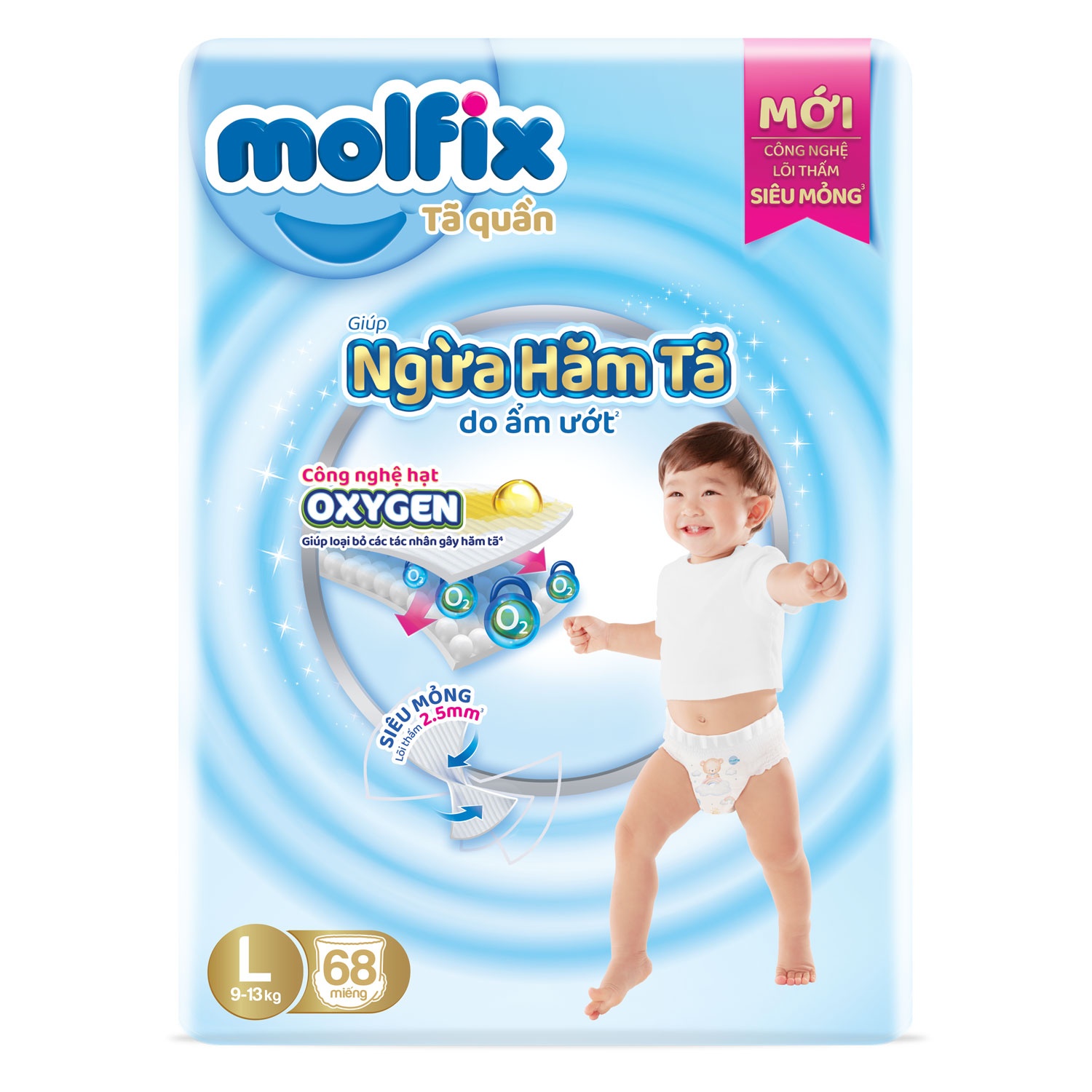 Bỉm - Tã quần Molfix Oxygen Ultra size L 68 miếng (cho bé 9-13kg)