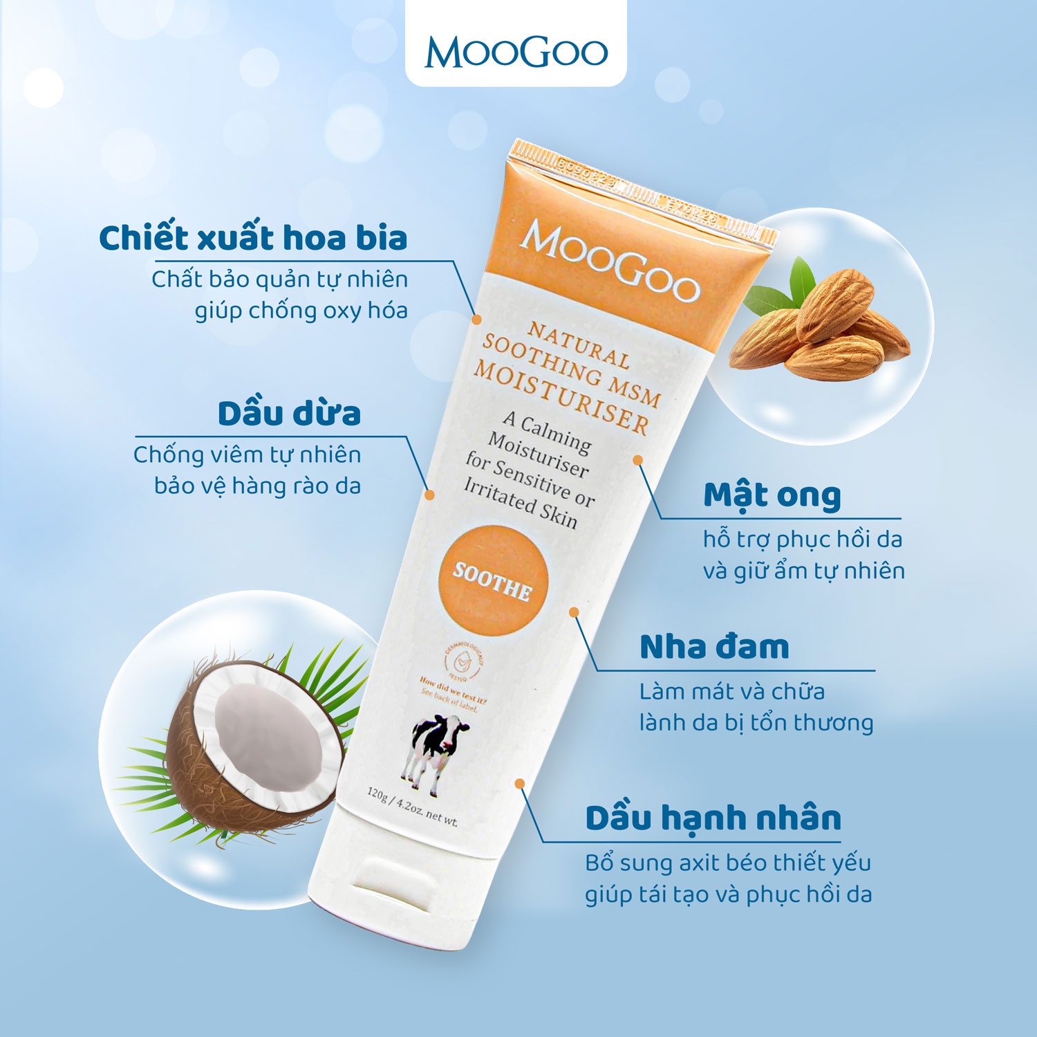 Kem dưỡng ẩm hạnh nhân cho da nhạy cảm Moogoo 0M+ (120g) hình 2