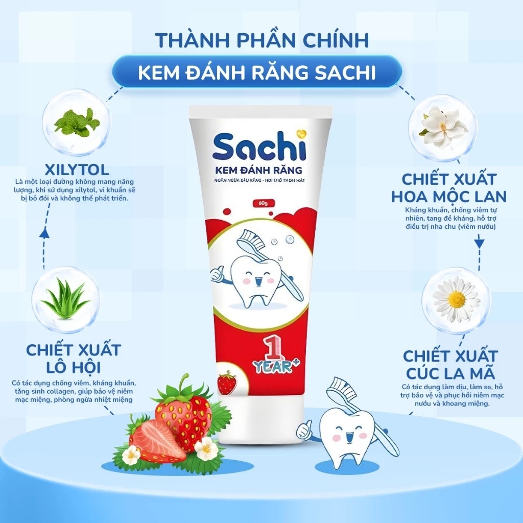  Kem đánh răng Sachi hương dâu 60g 1Y+