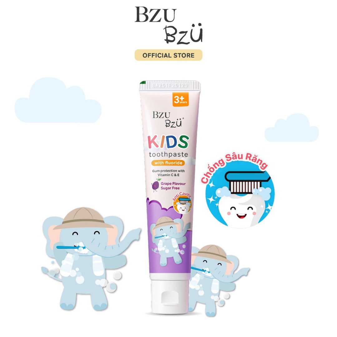 Kem đánh răng trẻ em hương nho Bzu Bzu 50g cho bé 3Y+