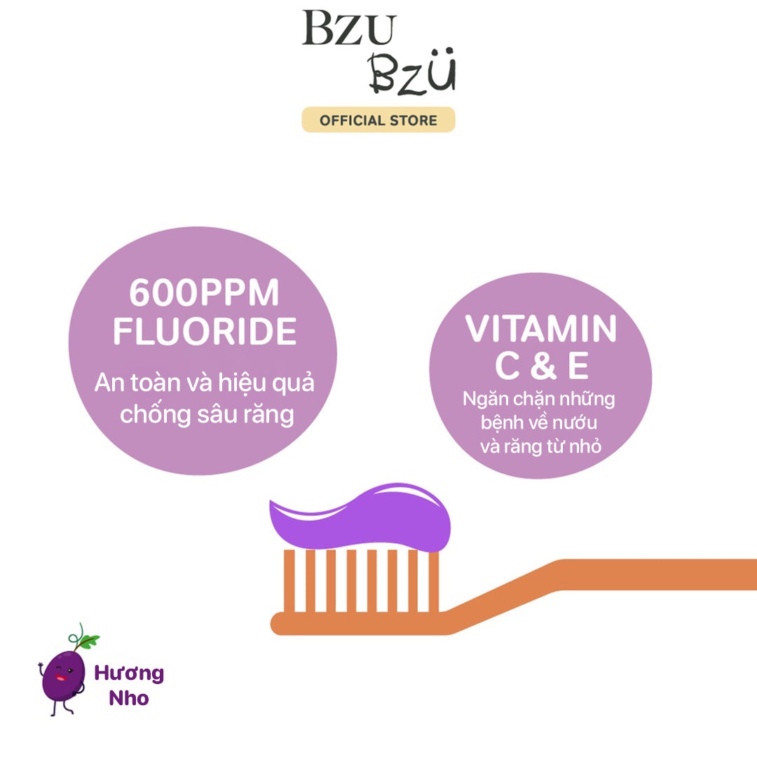 Kem đánh răng trẻ em hương nho Bzu Bzu 50g cho bé 3Y+