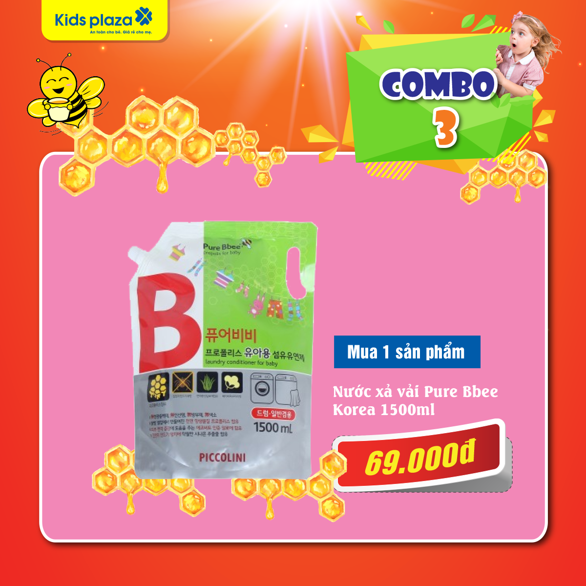 Combo nước rửa bình Pure Bbee 550ml + nước xả vải 1500ml Pure Bbee Korea hình 2