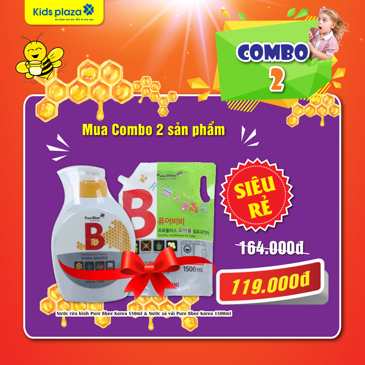 Combo nước rửa bình Pure Bbee 550ml + nước xả vải 1500ml Pure Bbee Korea hình 1