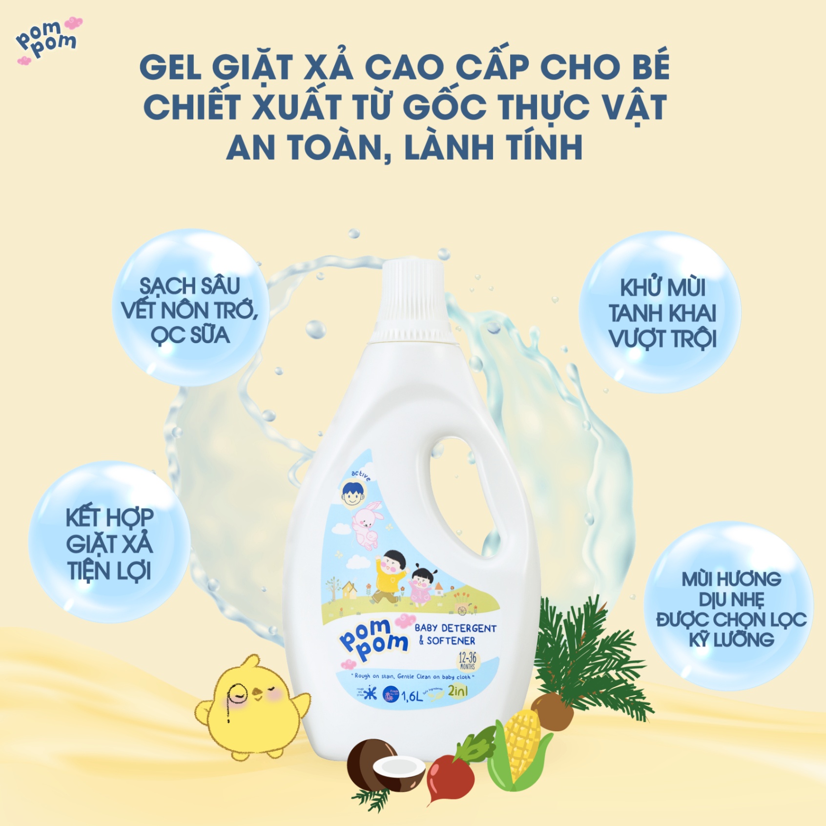 Nước giặt xả Pom Pom Active 1600ml (12-36M) hình 2
