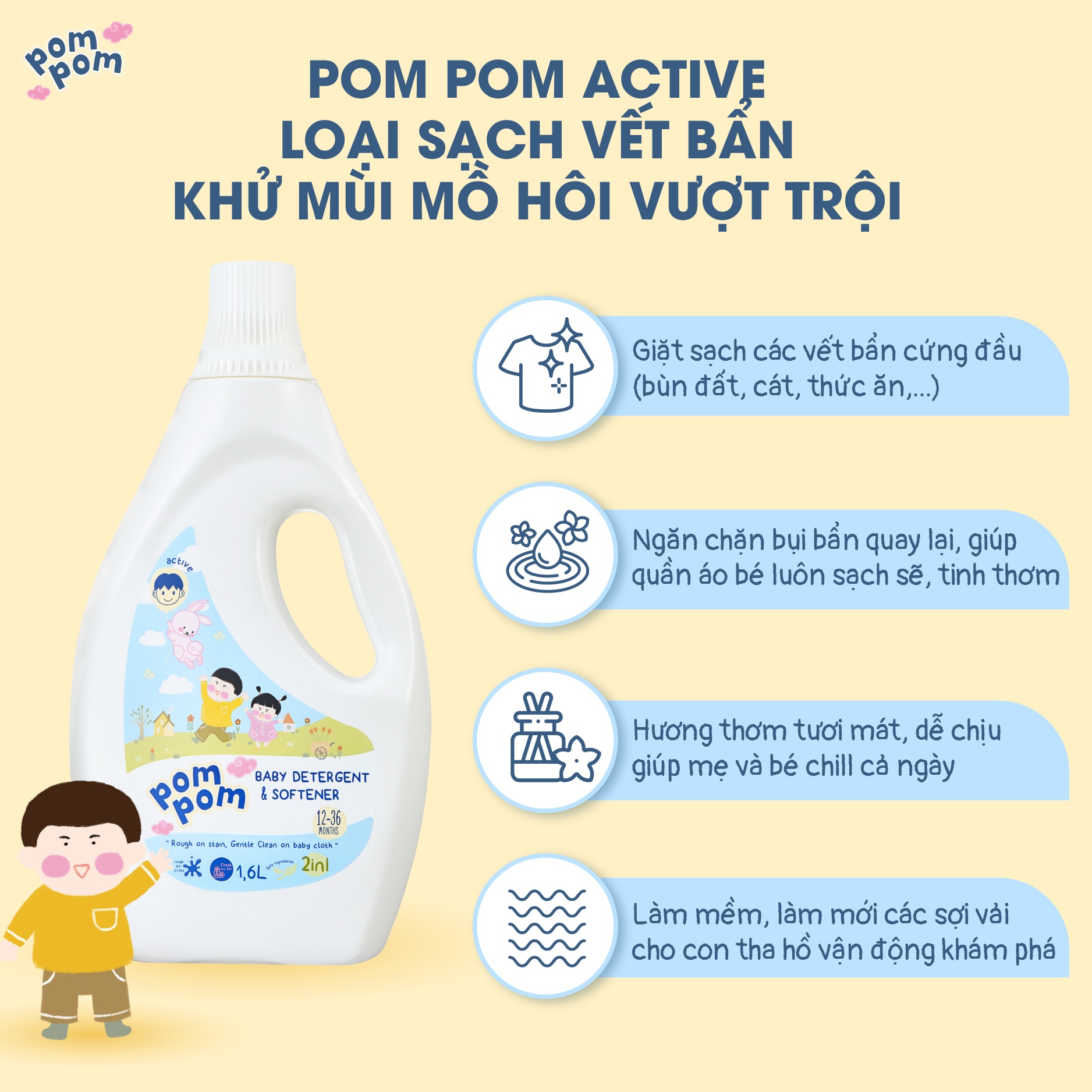 Nước giặt xả Pom Pom Active 1600ml (12-36M) hình 4