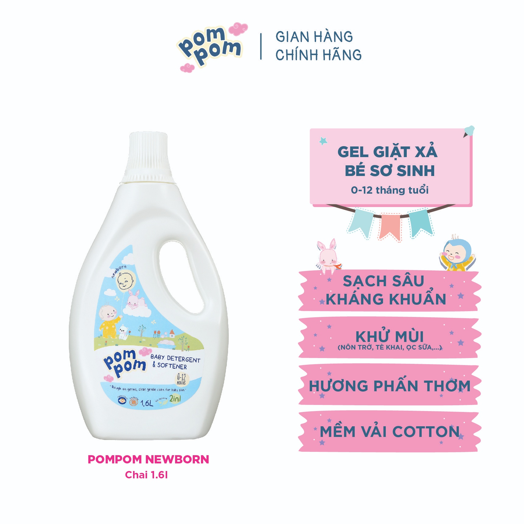 Nước giặt xả Pom Pom Newborn 1600ml (0-12M) hình 3