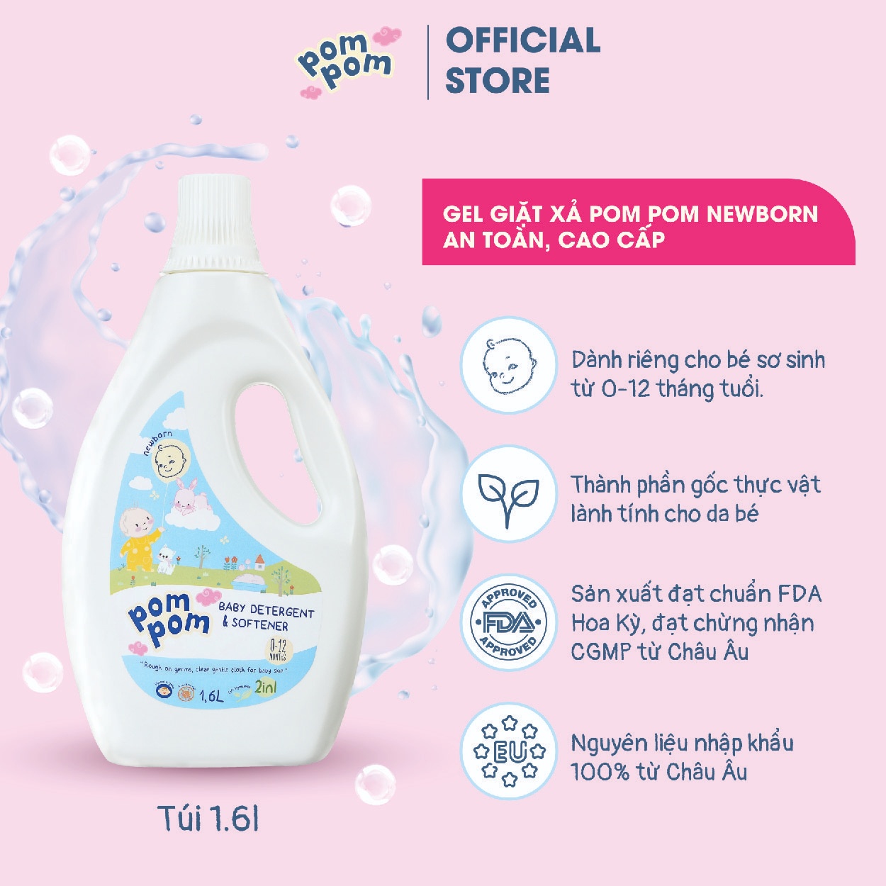 Nước giặt xả Pom Pom Newborn 1600ml (0-12M) hình 4