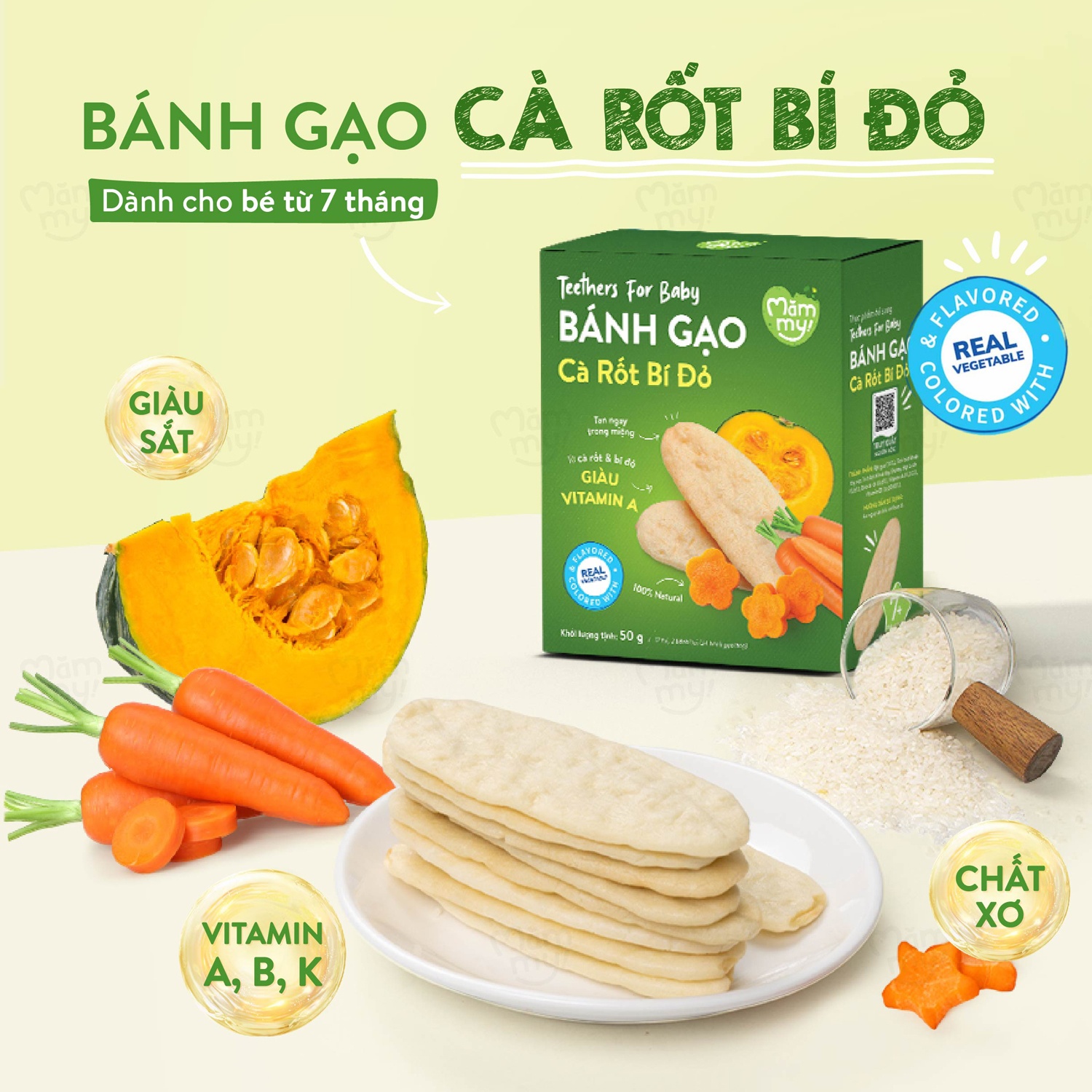 Bánh gạo ăn dặm Mămmy vị cà rốt bí đỏ 50g cho bé 7M+