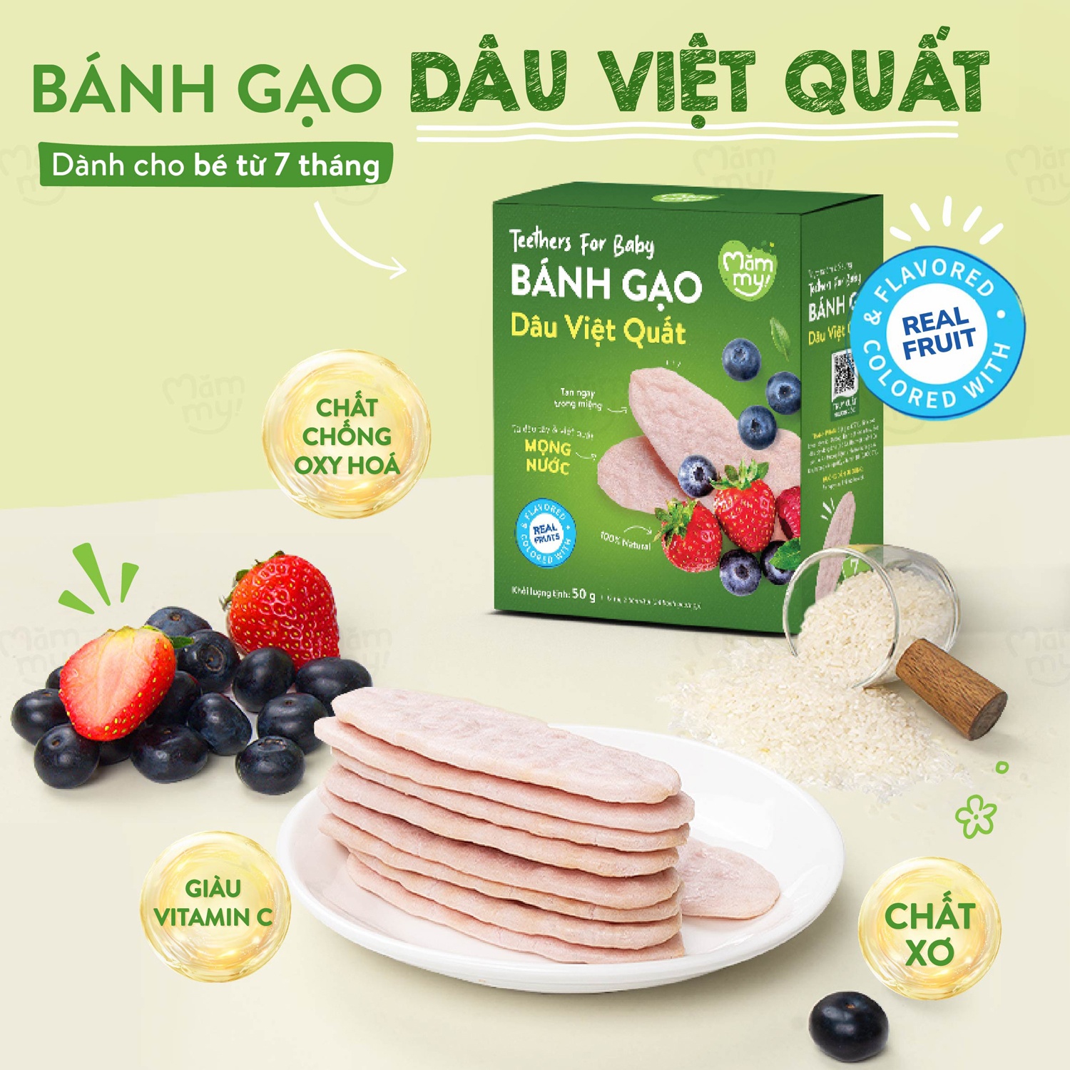  Bánh gạo ăn dặm Mămmy vị dâu việt quất 50g cho bé 7M+