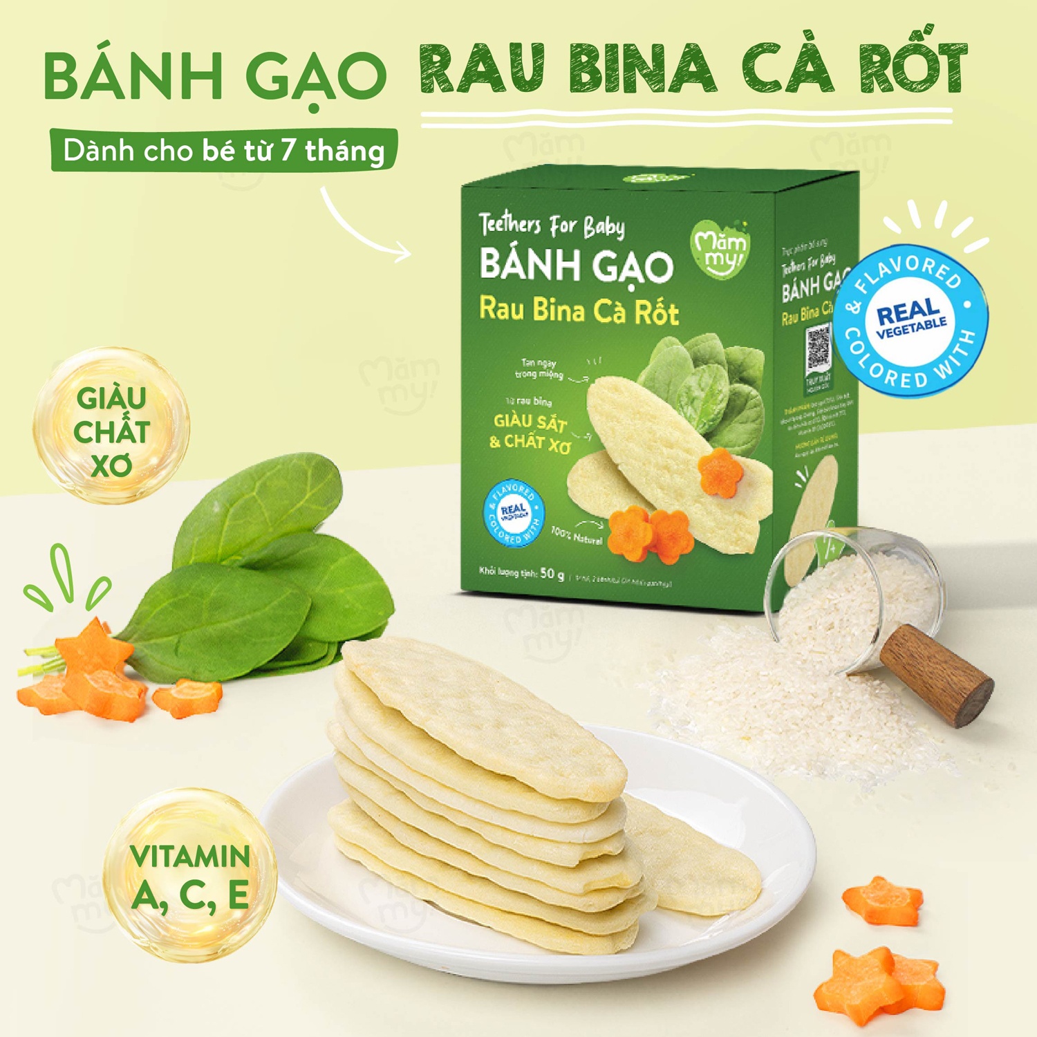 Bánh gạo ăn dặm Mămmy vị rau bina cà rốt 50g cho bé 7M+