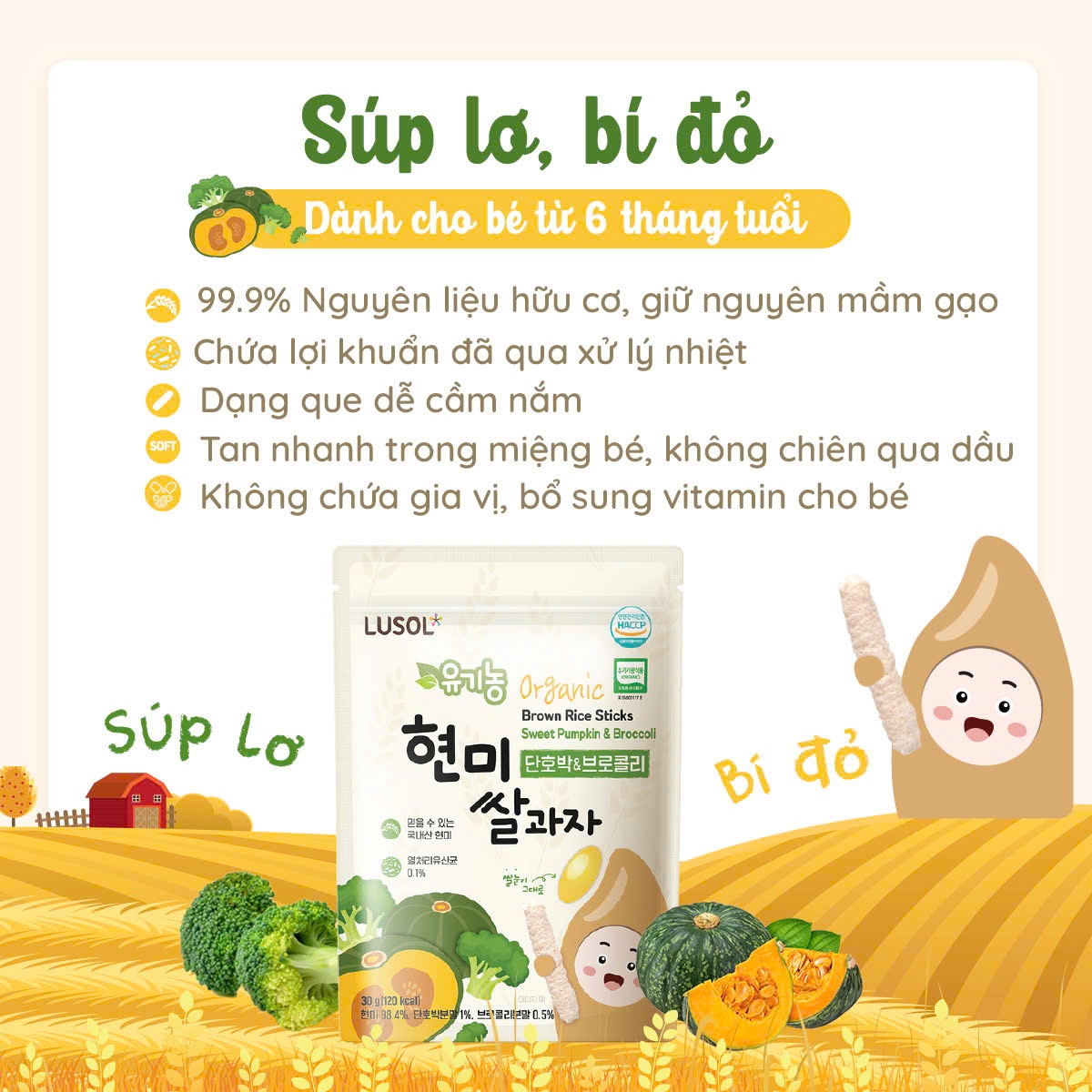 Bánh gạo lứt Lusol hình que vị bí đỏ, sup lơ 30g hình 3