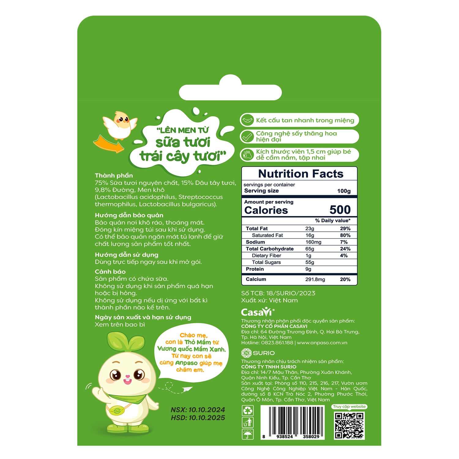 Thành phần sữa chua sấy tự nhiên Anpaso vị dâu tây 20g