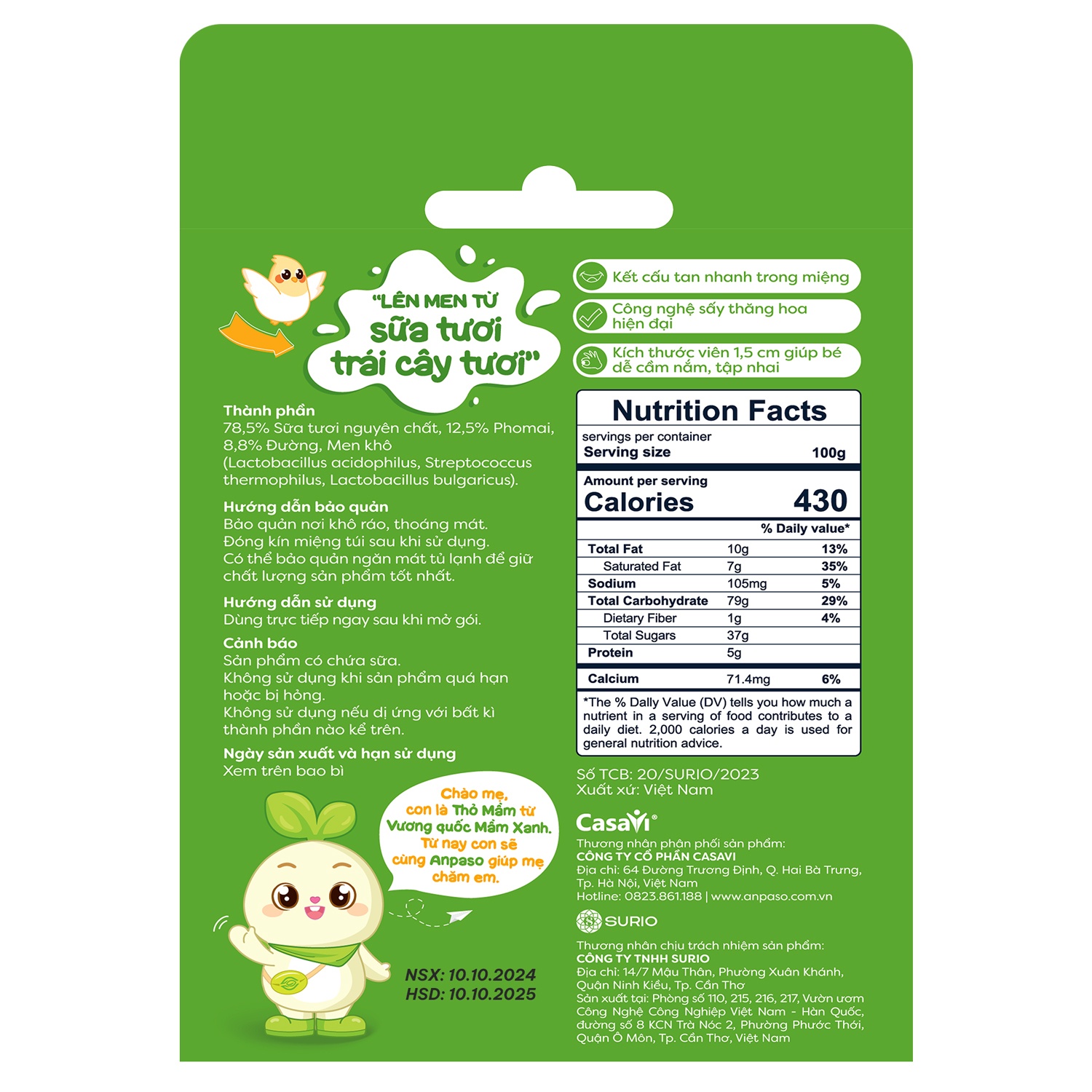 Thành phần sữa chua sấy tự nhiên Anpaso vị phô mai 20g 