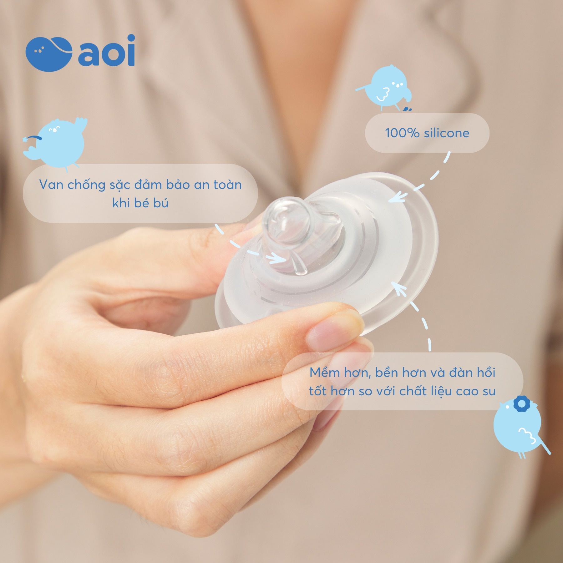 Núm ti silicon mềm mại, có van thông khí giúp bé bú dễ dàng