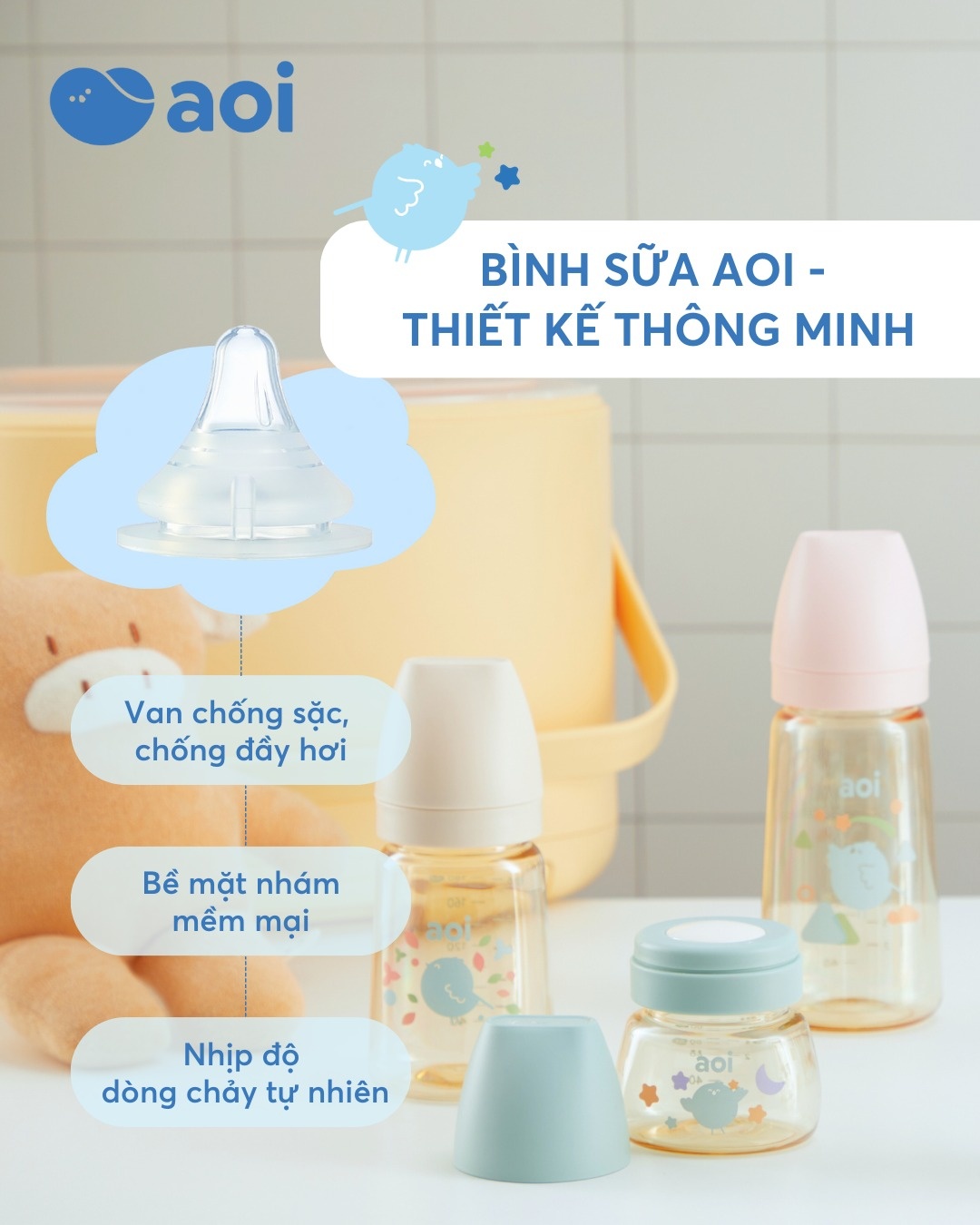 Bình sữa PPSU Aoi Flow 180ml với thiết kế thông minh